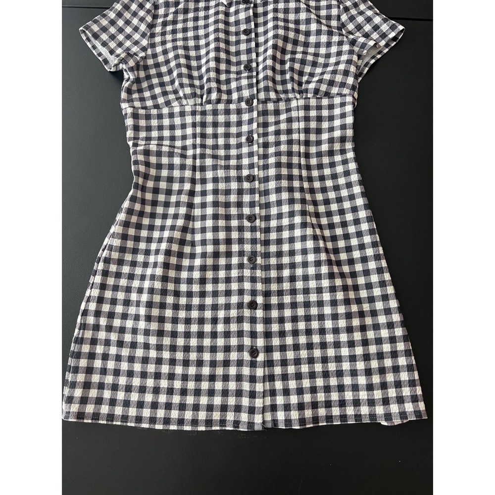 Sold*Black White Gingham Button Front Mini Dress Short Sleeve Smocked Med 1009 - Picture 2 of 10